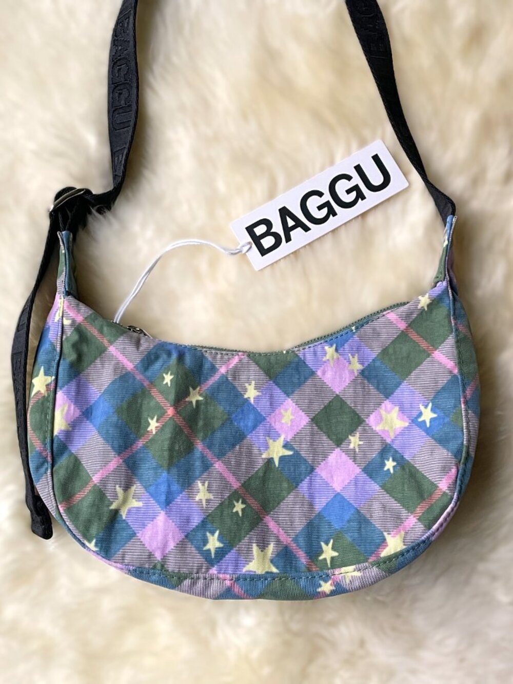 NWT Baggu Small Crescent Bag - Green Star Plaid